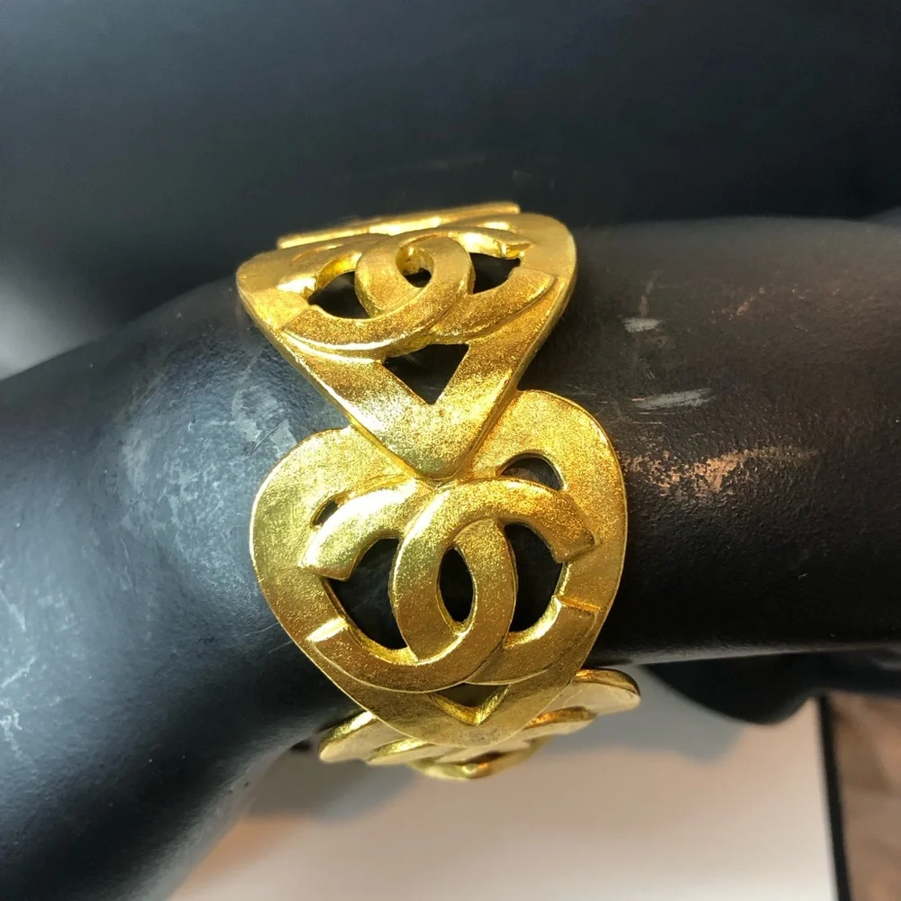 CHANEL Gold Statement Cuff Bracelet Interlocking CC Open Heart Design w/ Box